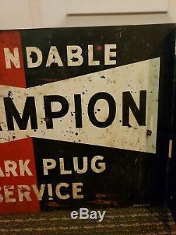 Original Vintage 1950's Double Sided Flange Champion Spark Plug Metal Sign