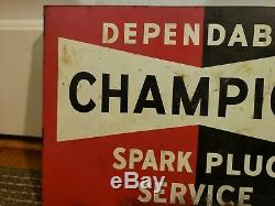 Original Vintage 1950's Double Sided Flange Champion Spark Plug Metal Sign