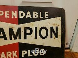 Original Vintage 1950's Double Sided Flange Champion Spark Plug Metal Sign