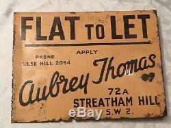 Original Vintage Double Sided Enamel Sign Flat to Let -24cm x 18cm Streatham