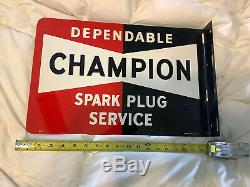 Original Vintage Double Sided Flange Champion Spark Plug Metal Sign