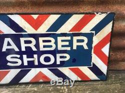 Original Vintage Porcelain Barber Shop Double Sided Flange Sign 12x24 Inch Old