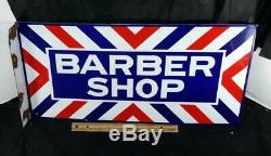 Original & Vintage Porcelain Barber Shop Double Sided Flange Sign Marked E