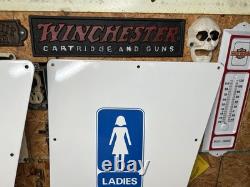 Original Vintage Porcelain Sign Restroom Ladies Men Door Knob NOS Double Sided