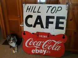 Original Vtg COCA-COLA Double Sided Porcelain Privilege Panel Sign HILL TOP CAFE