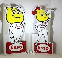 PAIR 1950's ESSO MOTOR OIL DROP BOY & GIRL DOUBLE SIDED METAL SIGNS GAS OIL 24