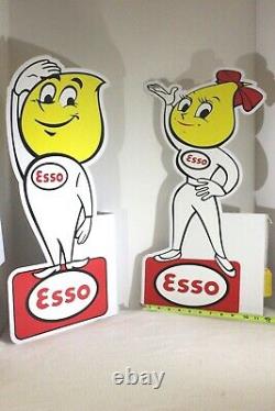 PAIR 1950's ESSO MOTOR OIL DROP BOY & GIRL DOUBLE SIDED METAL SIGNS GAS OIL 24