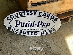 PUROL PEP GASOLINE HEAVY, DOUBLE SIDED PORCELAIN SIGN (25x 12.5) NEAR MINT