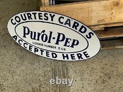 PUROL PEP GASOLINE HEAVY, DOUBLE SIDED PORCELAIN SIGN (25x 12.5) NEAR MINT