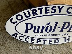 PUROL PEP GASOLINE HEAVY, DOUBLE SIDED PORCELAIN SIGN (25x 12.5) NEAR MINT