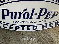 PUROL PEP GASOLINE HEAVY, DOUBLE SIDED PORCELAIN SIGN (25x 12.5) NEAR MINT