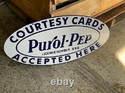 PUROL PEP GASOLINE HEAVY, DOUBLE SIDED PORCELAIN SIGN (25x 12.5) NEAR MINT