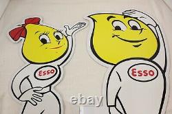 Pair 1960 Esso Motor Oil Drop Boy & Girl Double Sided Metal Signs Gas Oil 24