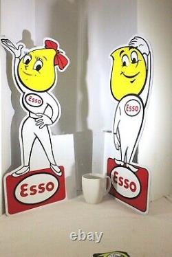 Pair 1960 Esso Motor Oil Drop Boy & Girl Double Sided Metal Signs Gas Oil 24