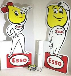 Pair 1960 Esso Motor Oil Drop Boy & Girl Double Sided Metal Signs Gas Oil 24