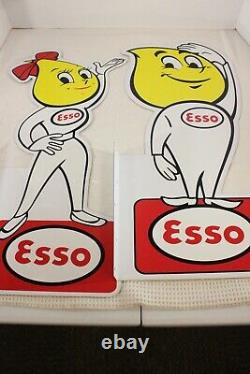 Pair 1960 Esso Motor Oil Drop Boy & Girl Double Sided Metal Signs Gas Oil 24