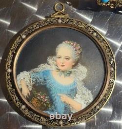 Pair Antique Portraits Miniature Signed Nattier Fancy Cases Double Sided French