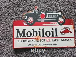 Porcelain Mobiloil Double Sided Flange Advertising Sign 14 X 10