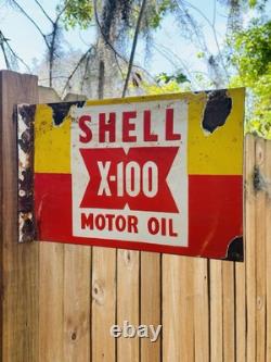 Porcelain Shell Motor Oil Double Sided Flange Advertising Sign 16 In