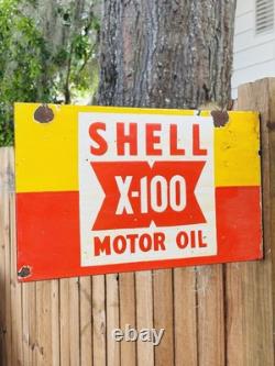 Porcelain Shell Motor Oil Double Sided Flange Advertising Sign 16 In