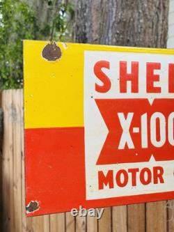 Porcelain Shell Motor Oil Double Sided Flange Advertising Sign 16 In