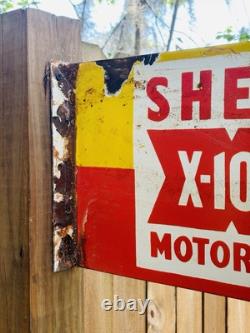 Porcelain Shell Motor Oil Double Sided Flange Advertising Sign 16 In