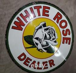 Porcelain WHITE ROSE DEALER Enamel Sign 42 Inches Round double sided