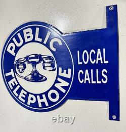 Public Telephone Flange Porcelain Vintage Enamel Sign Local Calls 12 x 9 Inches