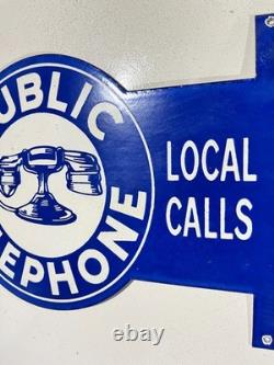 Public Telephone Flange Porcelain Vintage Enamel Sign Local Calls 12 x 9 Inches