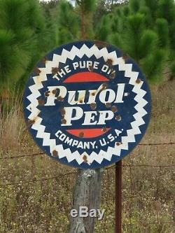 Pure Oil Purol Pep Double Sided Porcelain Curb Sign Burdick Newberry 25 1/2'