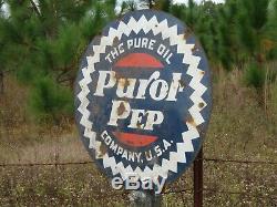 Pure Oil Purol Pep Double Sided Porcelain Curb Sign Burdick Newberry 25 1/2'