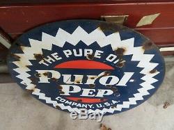 Pure Oil Purol Pep Double Sided Porcelain Curb Sign Burdick Newberry 25 1/2'