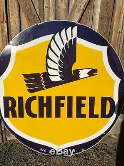 RARE 1953 6' Richfield Gasoline Sign. Porcelain. Double Sided. Clean