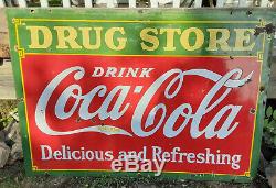 RARE Double Sided COCA COLA DRUG STORE Porcelain Sign 60 L X 42 T 1934 USA