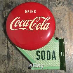 RARE Double Sided Metal COCA-COLA Button Soda Hanging Flange Sign Dated 1950