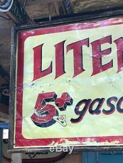 RARE ORIGINAL LITENING GASOLINE Vintage Double Sided Sign WESTERN Cowboy Gas Oil