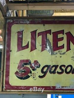 RARE ORIGINAL LITENING GASOLINE Vintage Double Sided Sign WESTERN Cowboy Gas Oil