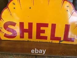 Rare. 1930s Shell Gasoline Clam Shell Double Sided Porcelain Sign 48 Inch