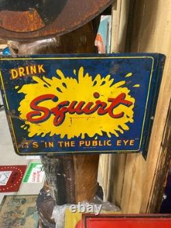 Rare 1941 SQUIRT Metal Double Sided Flange Sign SODA COLA GAS OIL 18 x 14