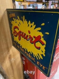Rare 1941 SQUIRT Metal Double Sided Flange Sign SODA COLA GAS OIL 18 x 14