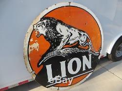 Rare 5 feet round double sided original Lion on the Rock porcelain Oil sign
