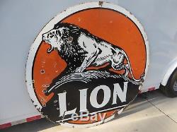 Rare 5 feet round double sided original Lion on the Rock porcelain Oil sign