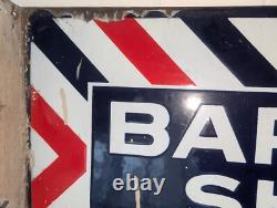 Rare Antique Embossed Enameled Flanged Double Sided Barber Shop Sign 24 by 12 in