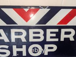 Rare Antique Embossed Enameled Flanged Double Sided Barber Shop Sign 24 by 12 in
