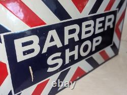 Rare Antique Embossed Enameled Flanged Double Sided Barber Shop Sign 24 by 12 in