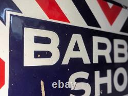 Rare Antique Embossed Enameled Flanged Double Sided Barber Shop Sign 24 by 12 in