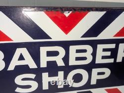 Rare Antique Embossed Enameled Flanged Double Sided Barber Shop Sign 24 by 12 in