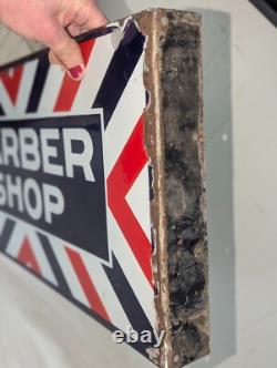 Rare Antique Embossed Enameled Flanged Double Sided Barber Shop Sign 24 by 12 in