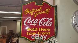 Rare Flange coca cola coke 1930's sign double sided original REFRESH YOURSELF