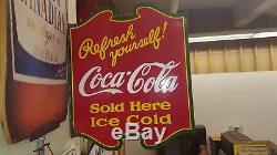 Rare Flange coca cola coke 1930's sign double sided original REFRESH YOURSELF